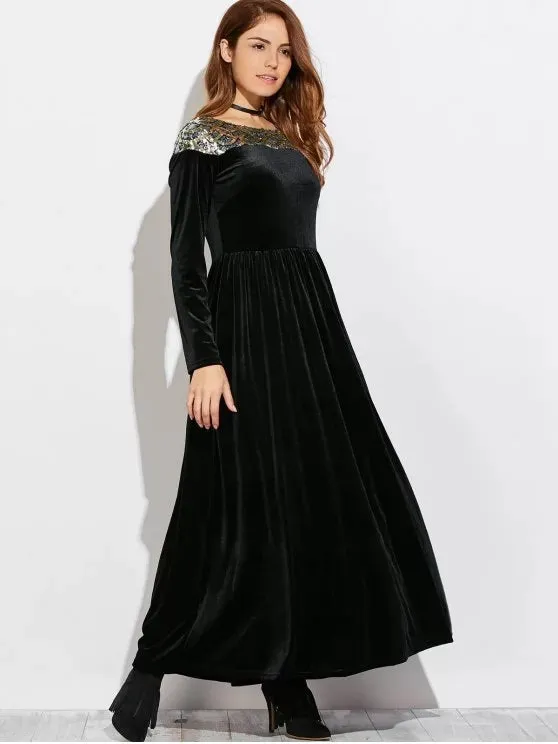 TastyHottie - Pretty Sequined Velvet Long Swing Dress With Sleeves