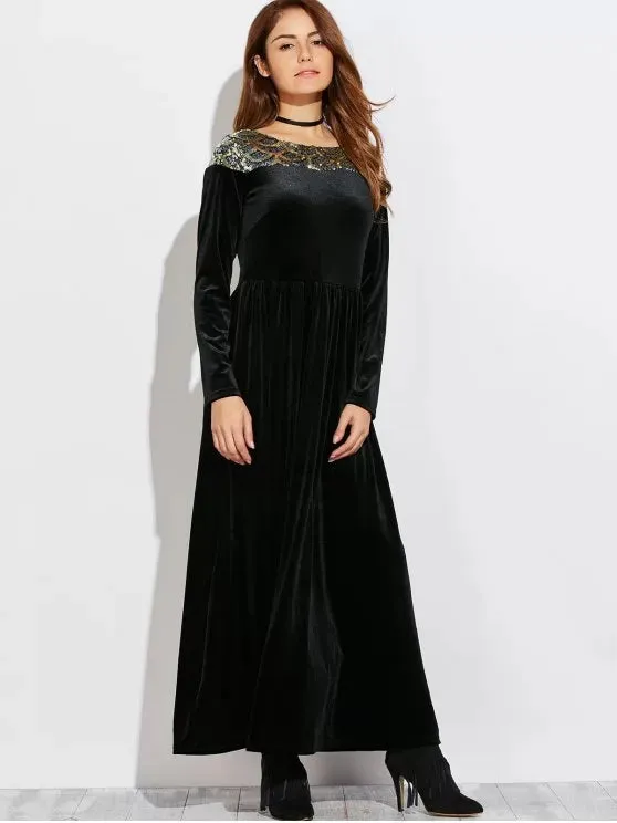 TastyHottie - Pretty Sequined Velvet Long Swing Dress With Sleeves