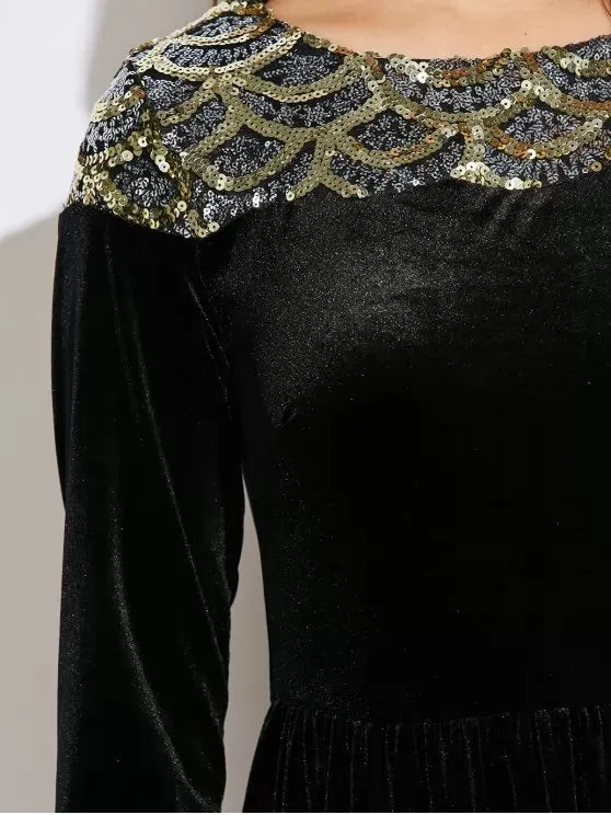 TastyHottie - Pretty Sequined Velvet Long Swing Dress With Sleeves