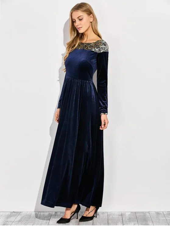 TastyHottie - Pretty Sequined Velvet Long Swing Dress With Sleeves