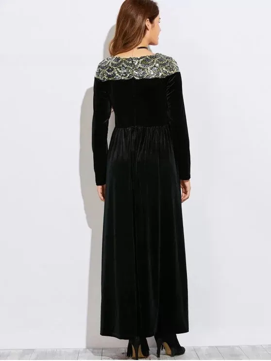 TastyHottie - Pretty Sequined Velvet Long Swing Dress With Sleeves