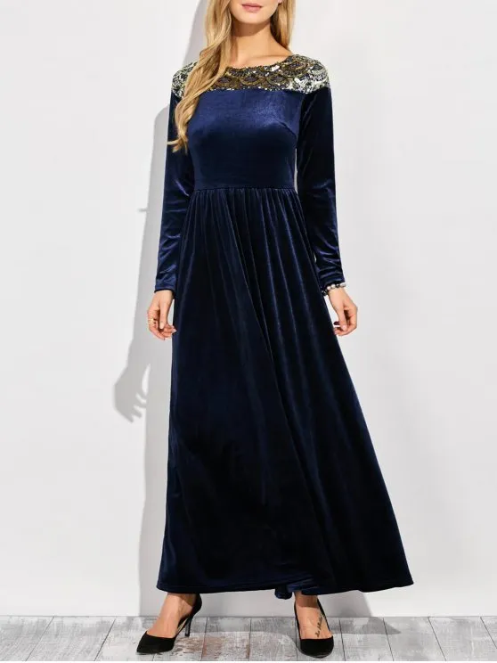 TastyHottie - Pretty Sequined Velvet Long Swing Dress With Sleeves