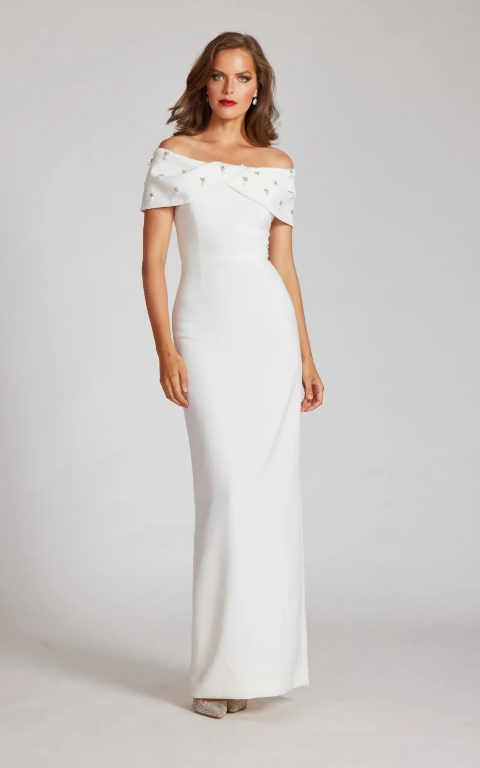 Teri Jon Crepe Off The Shoulder Jewel Trim Portrait Column Gown 239069