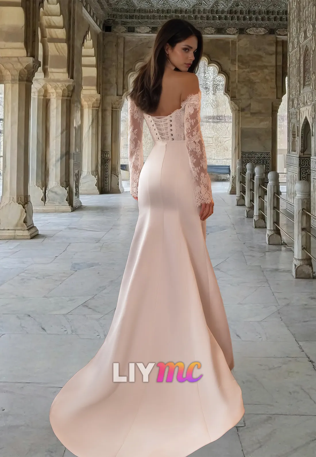 V-Neck Long Sleeves Lace Appliques Removable Pleated Sheath Beach Wedding Dress