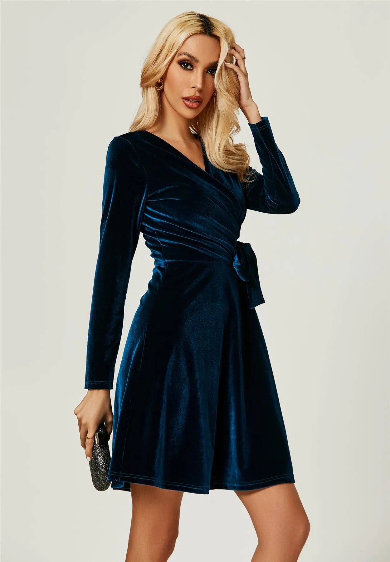 Velvet Wrap Style Long Sleeve Mini Dress In Blue