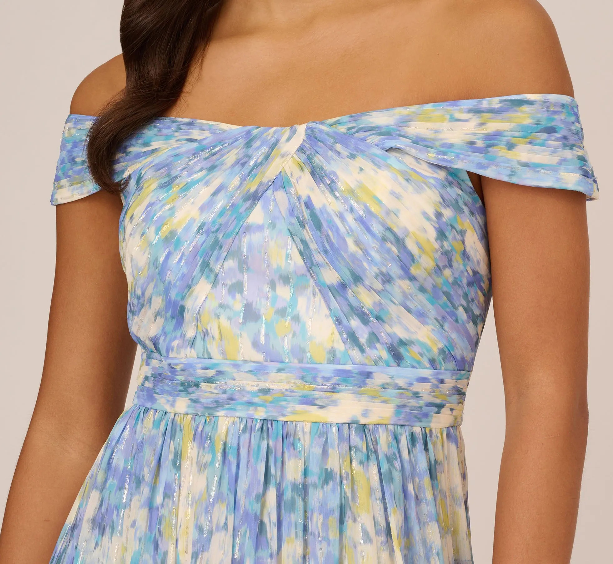 Watercolor Floral Print Gown With Off The Shoulder Neckline In Blue Multi