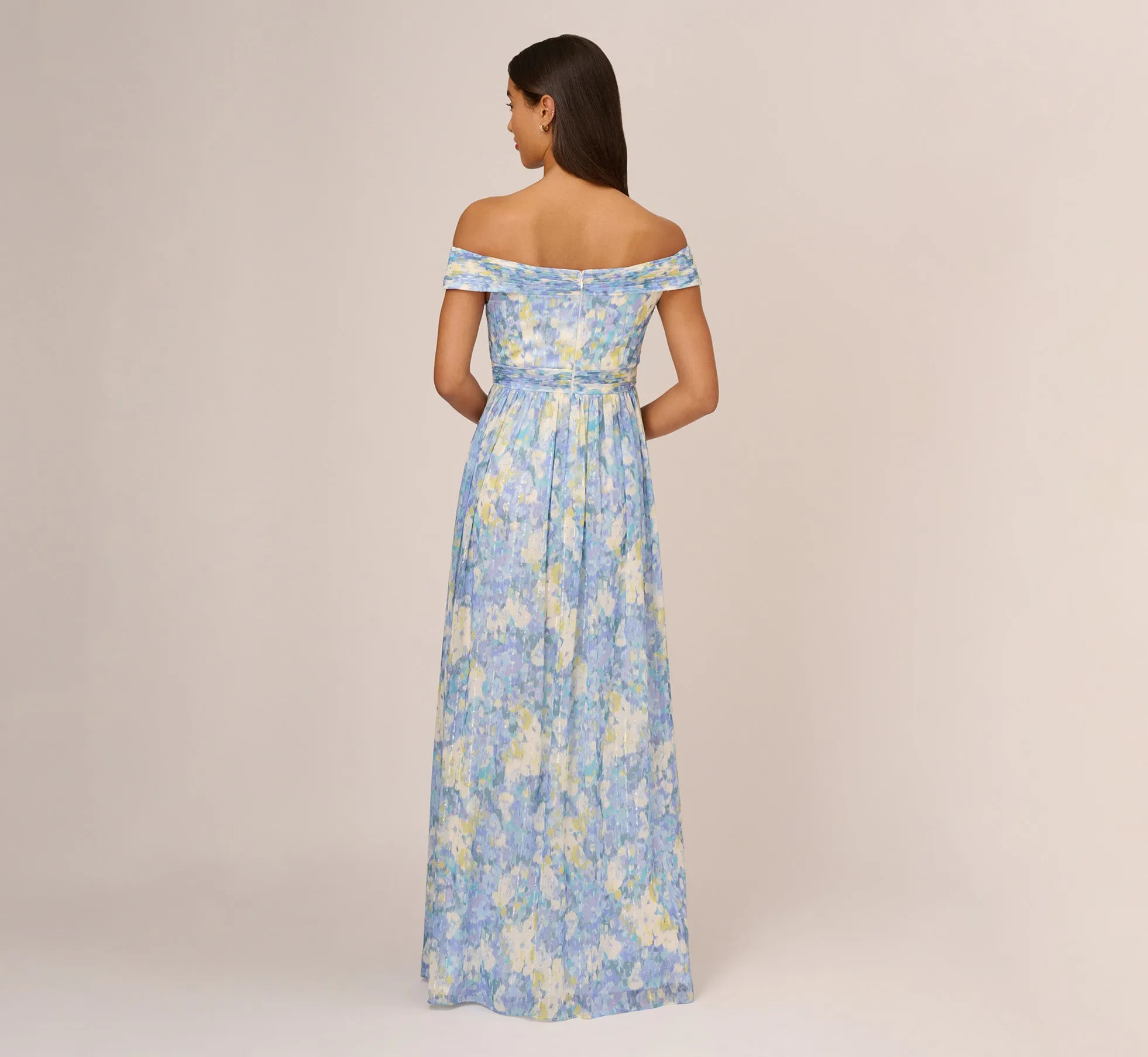 Watercolor Floral Print Gown With Off The Shoulder Neckline In Blue Multi