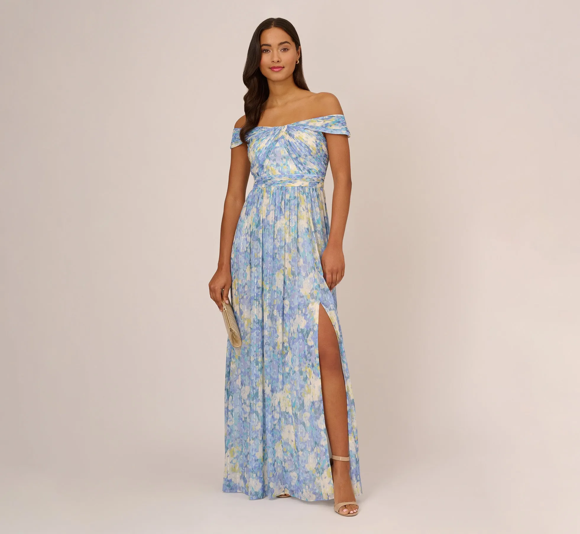 Watercolor Floral Print Gown With Off The Shoulder Neckline In Blue Multi