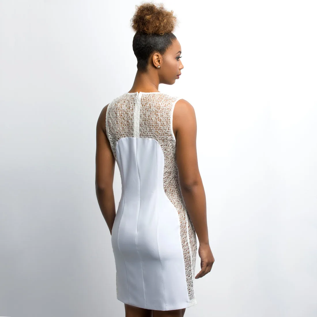 White satin knee-height dress see-through sides and bodice
