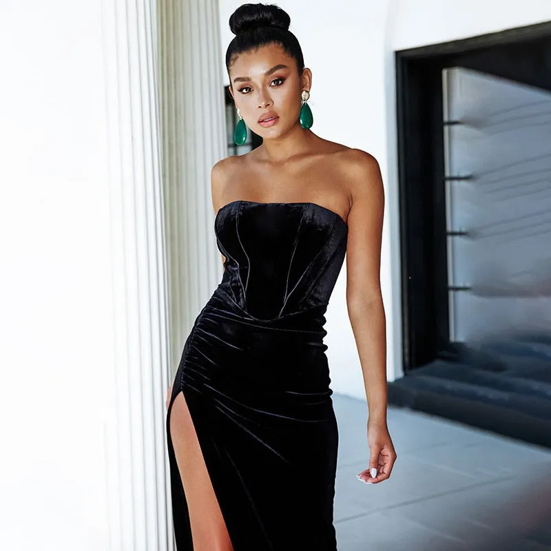 Women elegant velvet corset maxi side slit sexy party evening dress