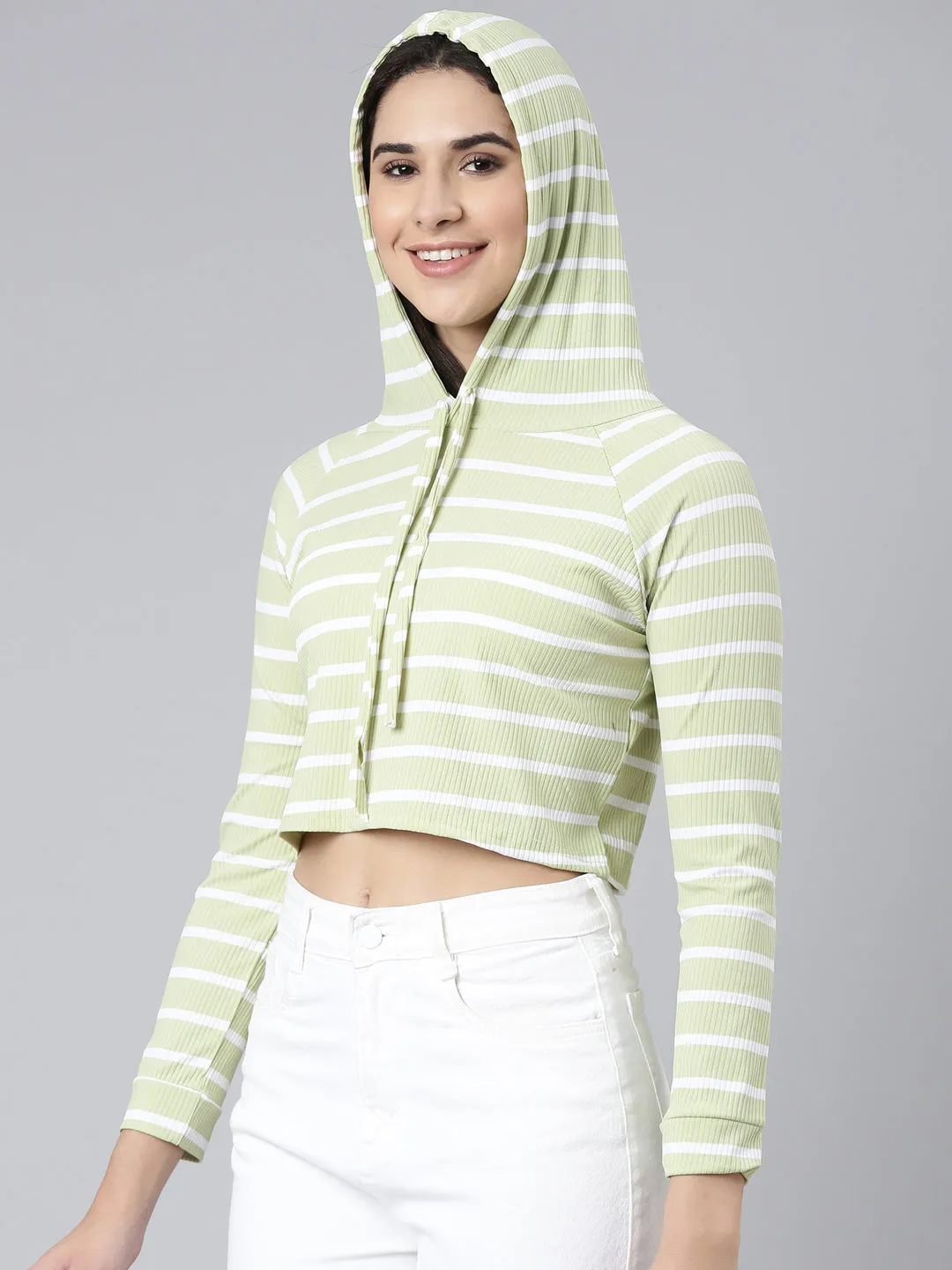 Women Olive Colourblock Crop Sweatshirt
