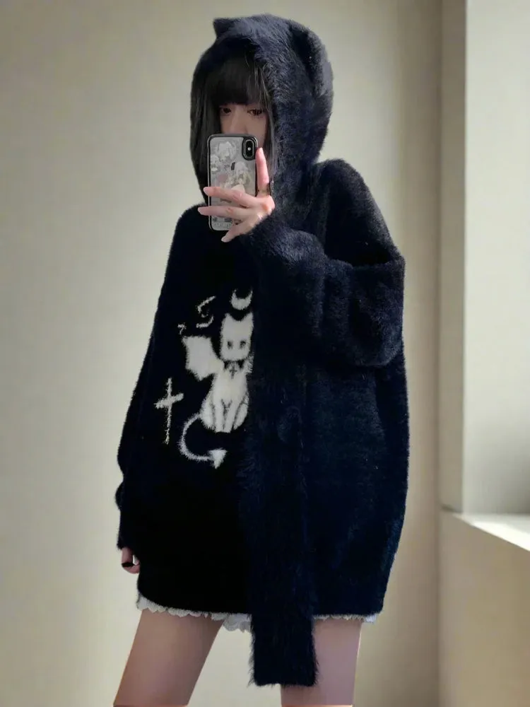 Women’s Black Fuzzy Oversized Harajuku Knit Sweater