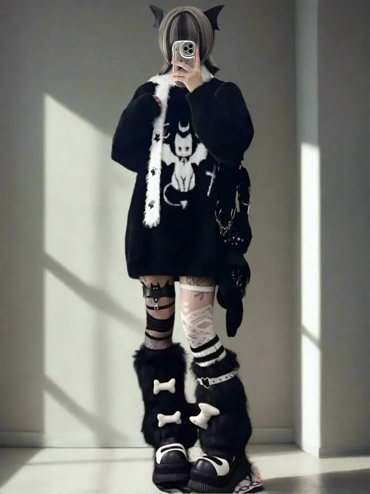 Women’s Black Fuzzy Oversized Harajuku Knit Sweater