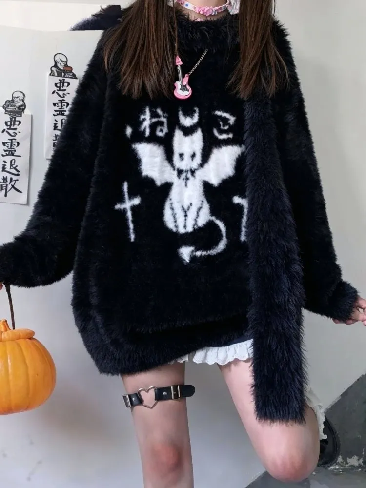 Women’s Black Fuzzy Oversized Harajuku Knit Sweater